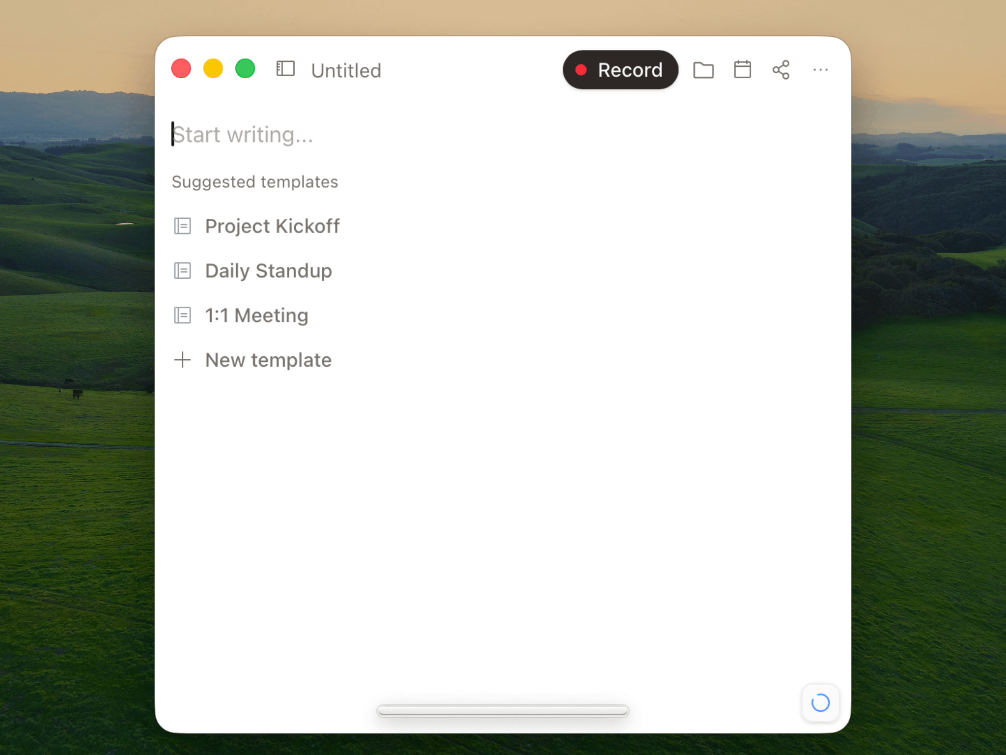 Current Anarlog new-note screen with the Record button and suggested templates