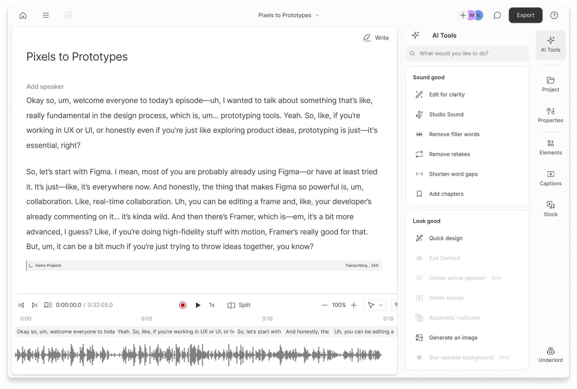 Descript text-based editor with waveform, transcript, and AI Tools panel