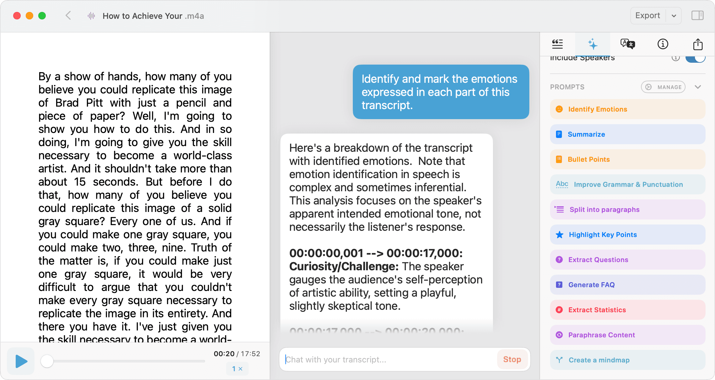 MacWhisper transcript with local AI tools for summarizing and analyzing the text