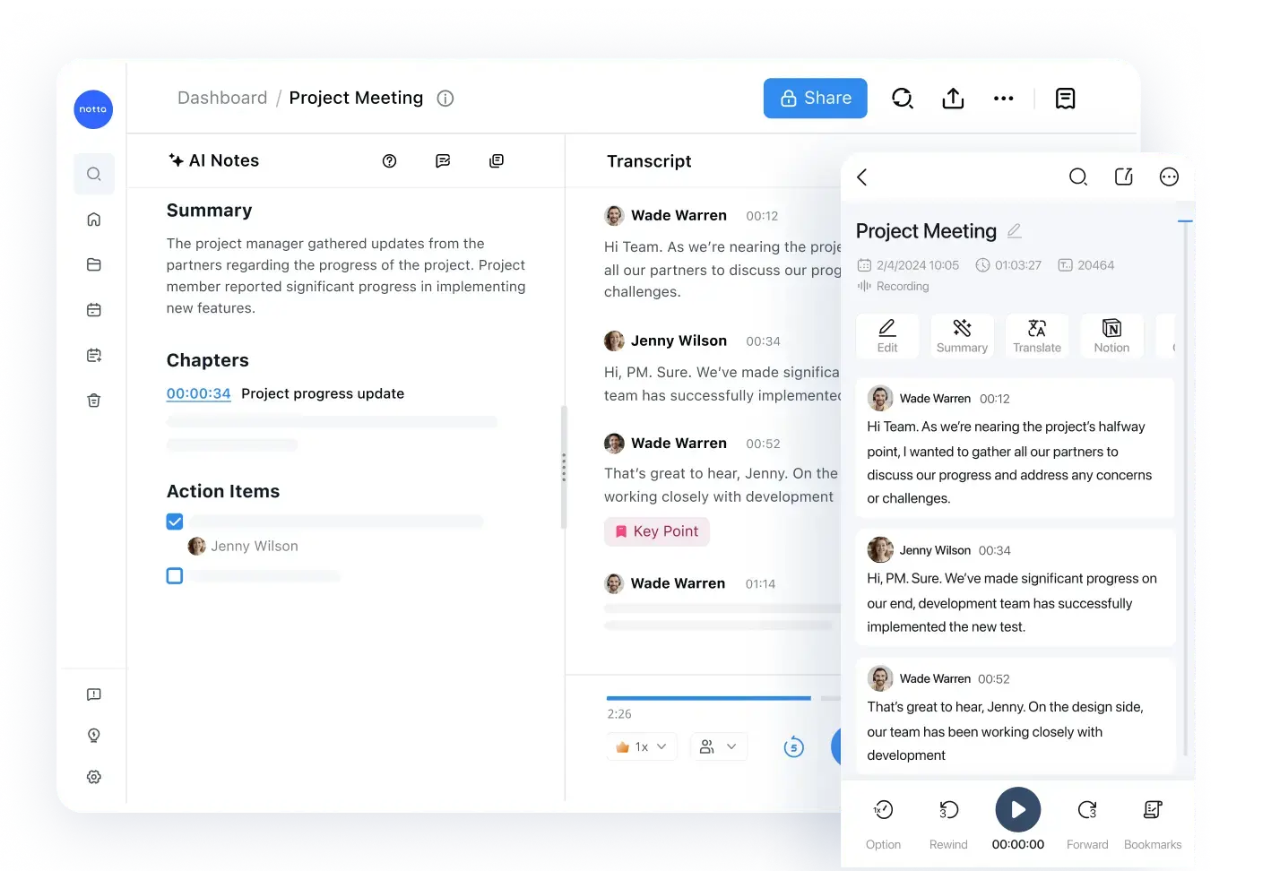 Notta desktop and mobile interfaces showing AI notes, speakers, and transcript playback