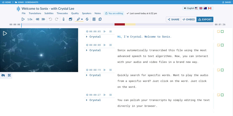 Sonix browser editor with synchronized video, speaker labels, timestamps, and transcript text